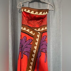 Johanna Ortiz Vibrant Red purple and brown Africa inspired strapless dress